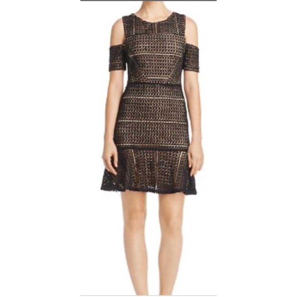 (Sz M) Aqua Off-Shoulder Black Lace Dress